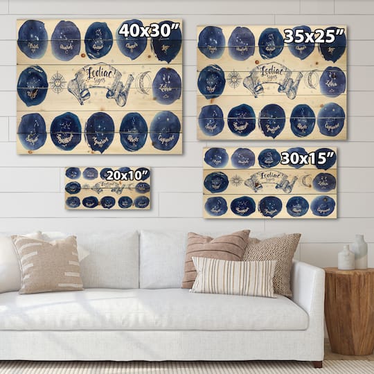 Designart - Collection of Astrology Signs On Blue - Modern Print on Natural Pine Wood